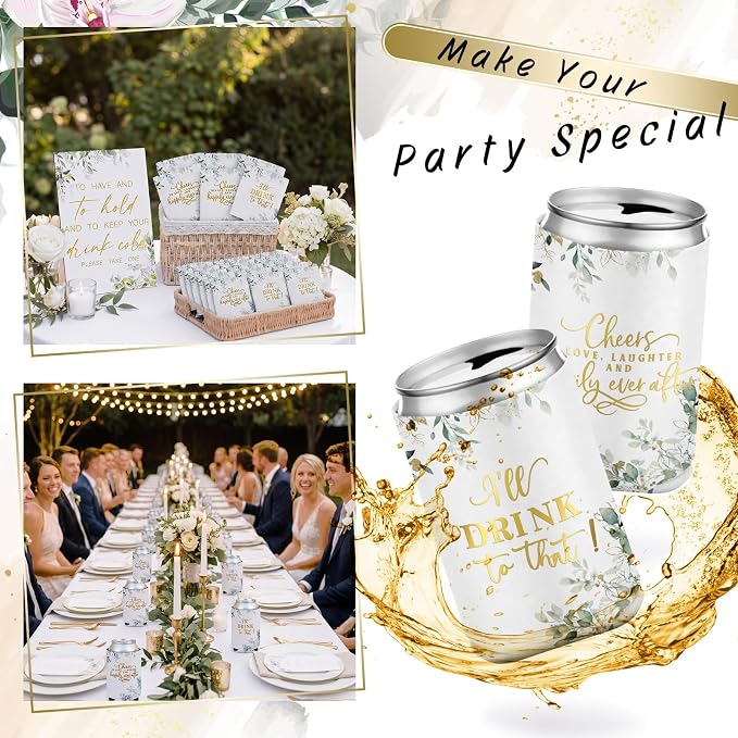 SiliFine 101 Pcs Eucalyptus Leaves Wedding Can Cooler Bulk Engagement Party Favors for 100 Guests Cheers to Love Laughter, and I'll Drink Can Cooler with Wooden Wedding Table Sign Bridal Shower Favor