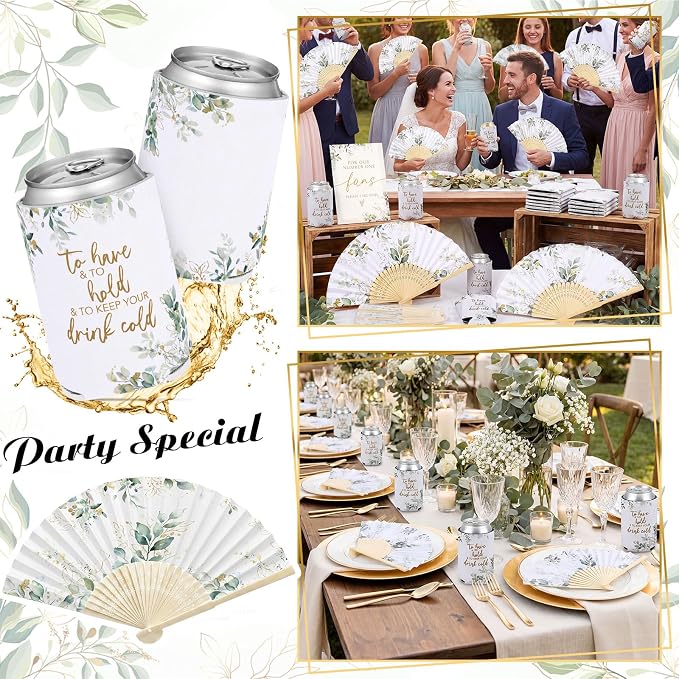 Hoteam 25 Sets Eucalyptus Leaf Wedding Party Favors for Guests Bulk Including Green Can Cooler and Paper Folding Fans with Wedding Decor Table Sign Cheers to Love for Bridal Shower Party Souvenir