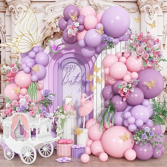 Purple Pink Balloons Garland Arch Kit, 109Pcs Butterfly Pink Balloons Garland Kit 18/10/5 Inch Light Pink Latex Balloons with 3D Butterfly Sticker for Girl Women Birthday Baby Shower