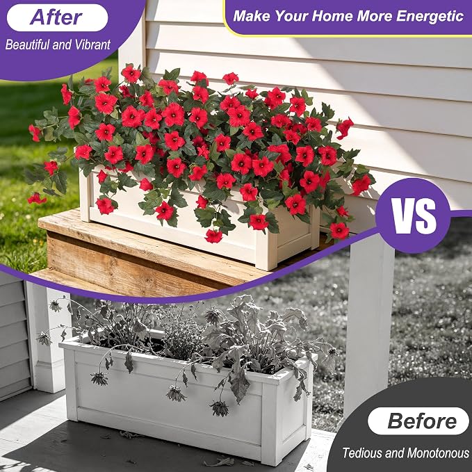Ammyoo 2PCS Artificial Petunias Flowers Fake Plants for Outdoor Decoration | UV Resistant Faux Silk Flower No Fade for Outside Home Garden Balcony Yard Porch Window Box Realistic Indoor Decor(Red)