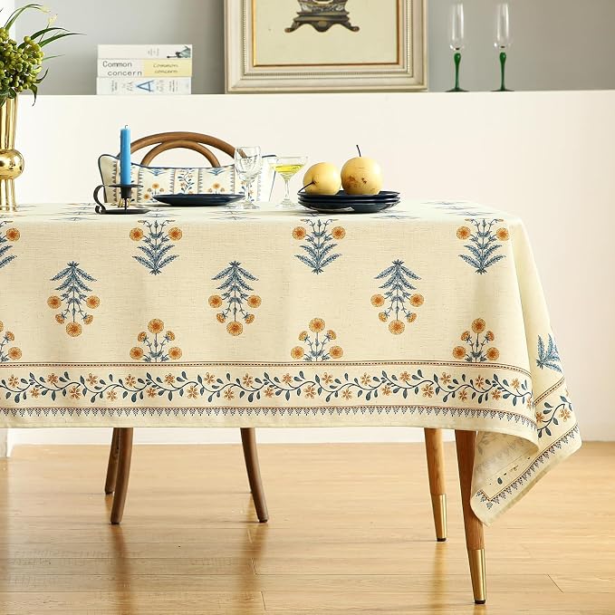 ISAENNE Designer French Linen Rectangular Tablecloth,102"x63"-Estevan A | Vintage Elegant Printed Table Cloth for Rectangle Table,Pale Yellow Floral Pattern,Decor,Dining Room,Kitchen,Thanksgiving