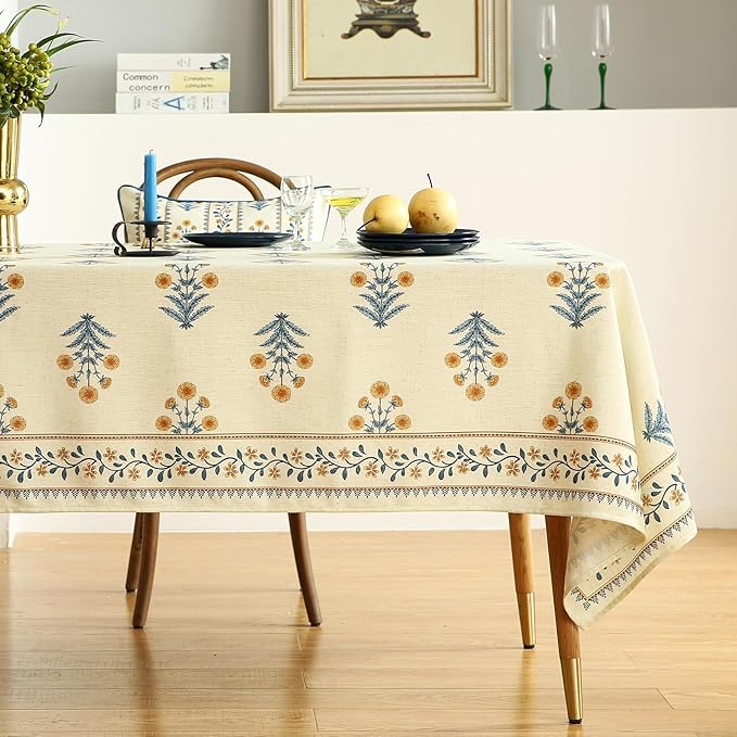 ISAENNE Designer French Linen Rectangular Tablecloth,87"x55"-Estevan A | Vintage Elegant Printed Table Cloth for Rectangle Table,Pale Yellow Floral Pattern,Decor,Dining Room,Kitchen,Thanksgiving