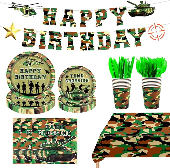 182Pcs Camo Birthday Party Supplies,Army Camouflage Theme Paper Plates Napkins and Tableware Set for Army Military Birthday Decorations,Serves 30