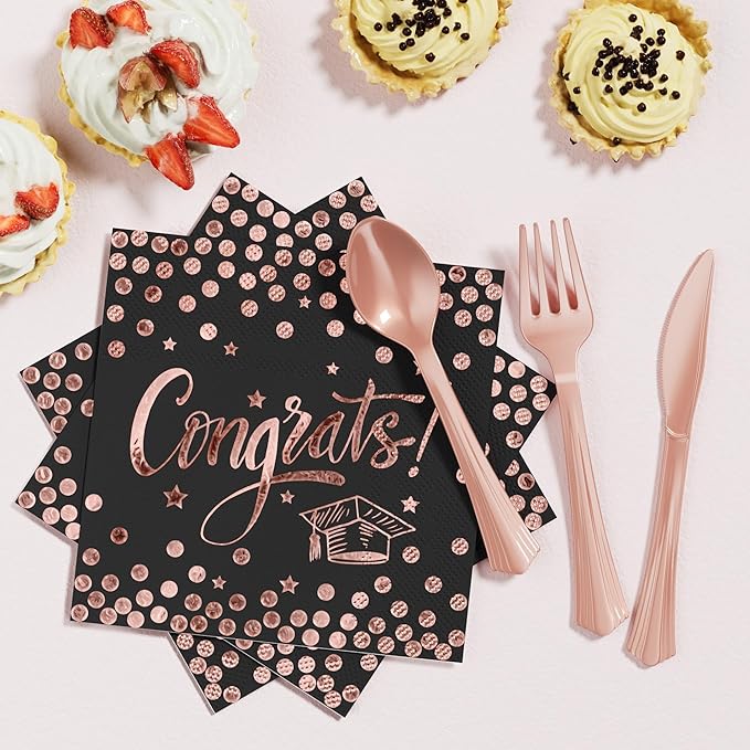 Ecomore 2026 Graduation Party Decoration - 350 PCS Black Pink Rose Gold Grad Supplies Disposable Dinnerware (Severs 50) w/Paper Plates Napkin Cup Plastic Cutlery for College High School Class of 2026
