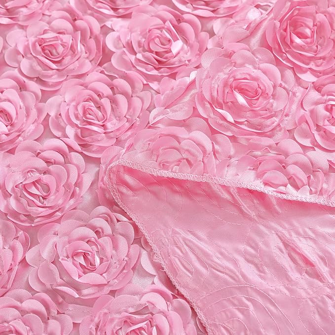 Fanqisi Baby Shower Tablecloth 50x102 Inches Pink Tablecloth Rectangle Satin Overlay Rosette Tablecloth 3D Floral for Wedding Party Event