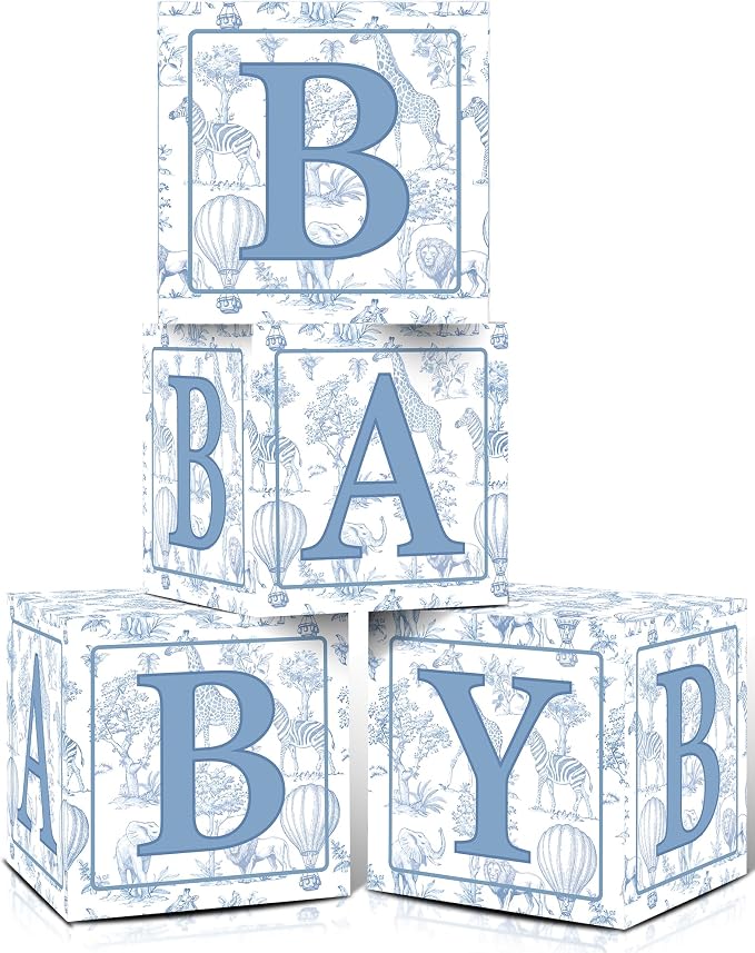 KARAQY Blue Safari Baby Shower Decorations - 4PCS Blue Toile de Jouy BABY Boxes, Jungle Animals Party Boxes for Birthday, Baby Shower Party Supplies (11.8 * 11.8 * 11.8 inches)