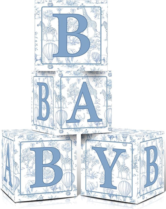 KARAQY Blue Safari Baby Shower Decorations - 4PCS Blue Toile de Jouy BABY Boxes, Jungle Animals Party Boxes for Birthday, Baby Shower Party Supplies (11.8 * 11.8 * 11.8 inches)