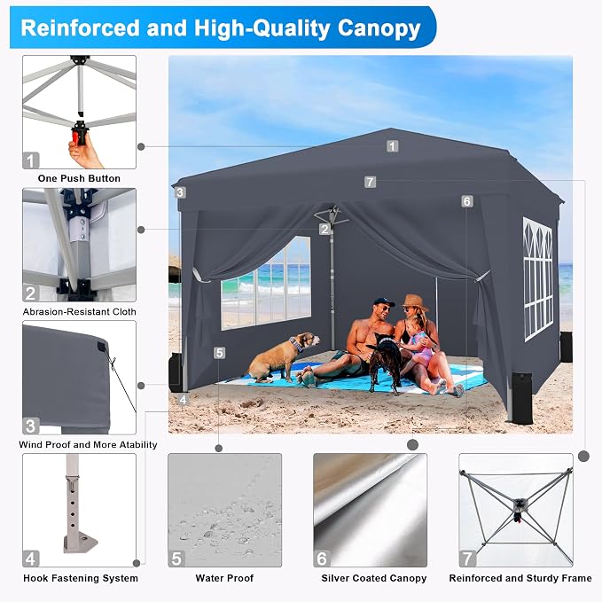 10x10 Pop Up Canopy Tent with Sidewalls x 4 – Easy Setup Canopy Tent, Waterproof, UV-Resistant, Portable with Carry Bag for Outdoor Events, Camping, and Backyard Parties – Dark Gray
