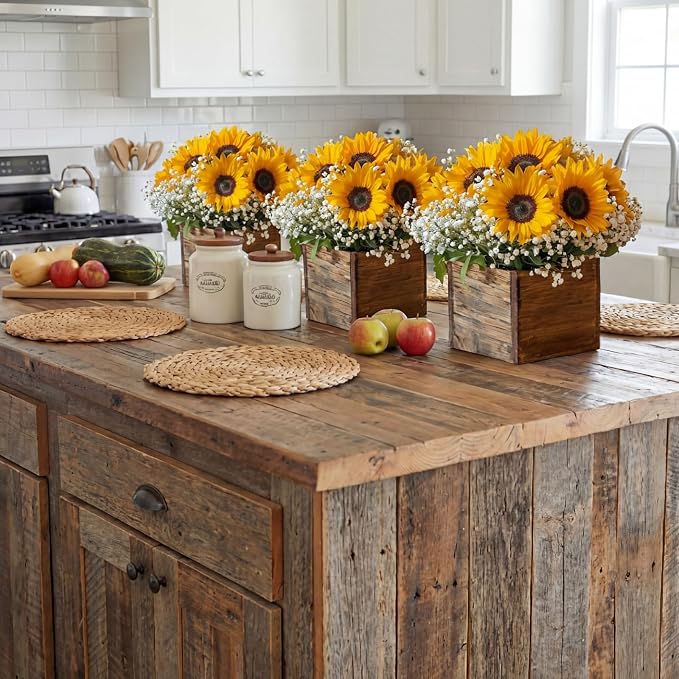 Suncalla 162 Pcs/6 Set Sunflower Centerpieces for Tables with Wood Box Farmhouse Babysbreath Centerpiece Vase Decor for Engagement Party Bridal Shower Centerpieces Wedding Reception Picnic Table Decor