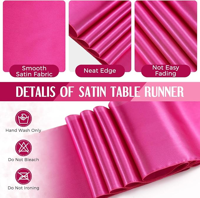Breling 12 Pack Black and Hot Pink Disposable Plastic Tablecloths and Satin Table Runner Set, 54 x 108 Inch Tablecloth, 12 x 108 Inch Table Runners for Wedding Graduation Birthday Baby Shower