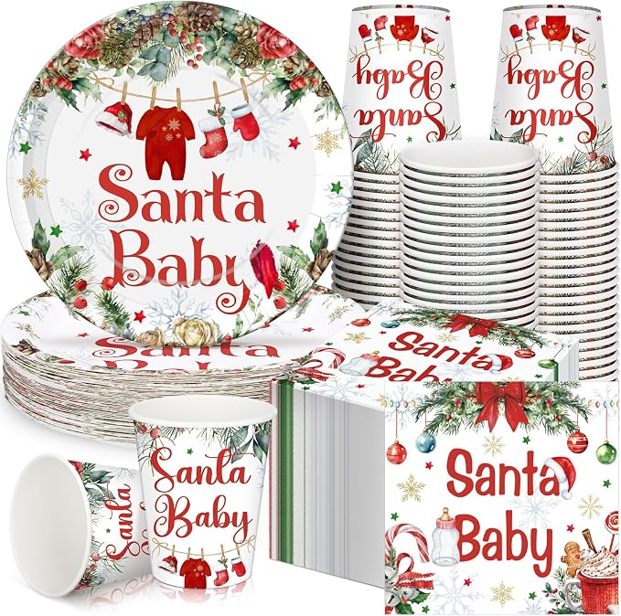 Hushee 200 Pcs Baby Shower Paper Plates Cups Napkins Party Supplies Tableware Set Disposable Cup Napkin for 50 Guest Party Decoration (Green and Red,Christmas Santa Baby)