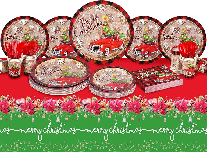 Christmas Party Supplies Disposable Paper Plates Napkins Cups Knives Spoons Forks Tablecloth for Merry Christmas Party Decorations，Serve 25