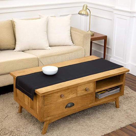 Solino Home Black Table Runner 48 Inches - Cotton Linen Hemstitch Coffee Table Runner 14 x 48 Inch Ideal for Dresser Tables - Spring, Summer, Mothers Day