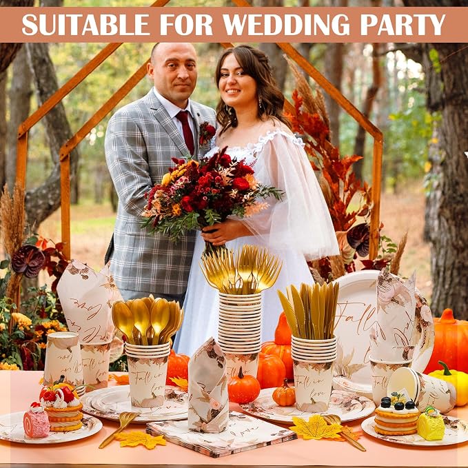 Shellwei 350 Pcs Fall in Love Bridal Shower Decorations Floral and Pumpkin Paper Plates and Napkins Set for 50 Guest Disposable Flower Paper Cups Knifes Forks Spoons for Fall Wedding Party