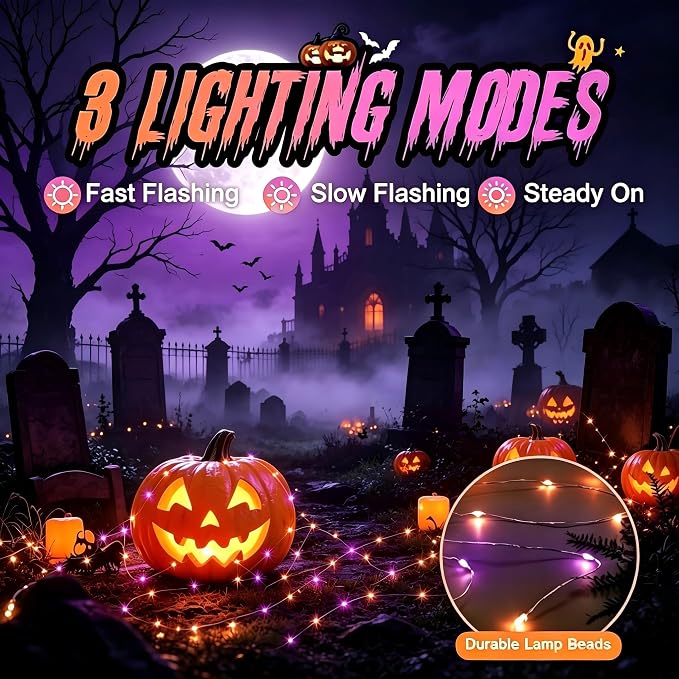 AIKEI 12 Pack Halloween Fairy Lights Battery Operated, Orange and Purple Mini String Lights Waterproof 7ft 20 Led Firefly Starry Lights 3 Lighting Modes for Party Bedroom Garden Halloween Decoration