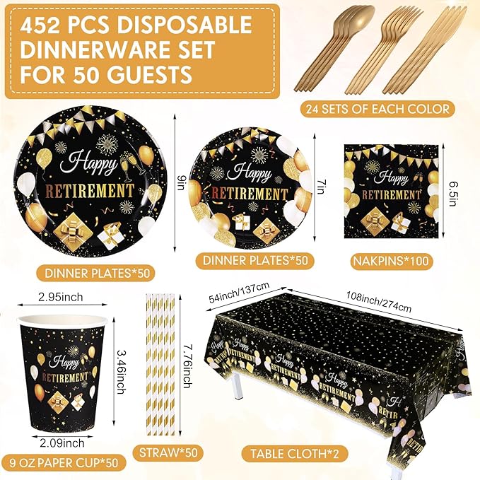 Funnymoom 452 Pcs Happy Retirement Party Decorations Men for 50 Guests, Black Gold Retirement Paper Plates and Napkins Cups Tablecloth Cutlery Straws Disposable Tableware Party Supplies for Men Women
