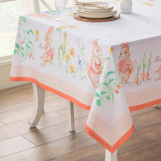 Maison d' Hermine Table Cloth Square Table 100% Cotton 60 x 60 Inches Tablecloth Reusable Decorative for Dining Kitchen Room Farmhouse Party Home Hotel Restaurant Spring Summer - Bunny Party