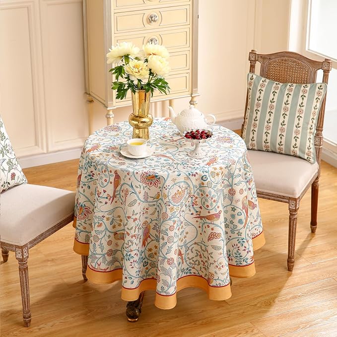 patdrea Vintage French Linen Tablecloth,Round,Diameter 67"-Magnolia | Colorful Elegant Table Cloth for Round Table,Yellow Floral Bird Print,Dining Room Tea Party Decoration,Durable