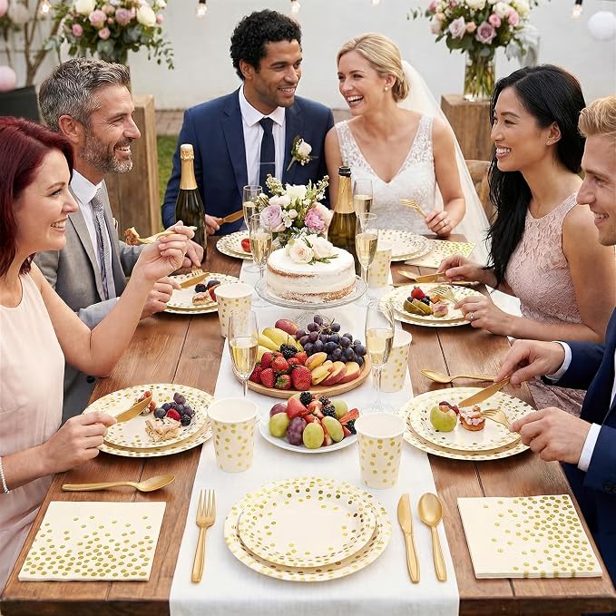 Goodlluck 175PCS Ivory Gold Foil Polka Dot Disposable Party Tableware Set, 25 Guests | 9" & 7" Golden Dot Disposable Paper Plates, 9oz Cups, Napkins & Gold Cutlery for Birthday, Wedding & Baby Shower