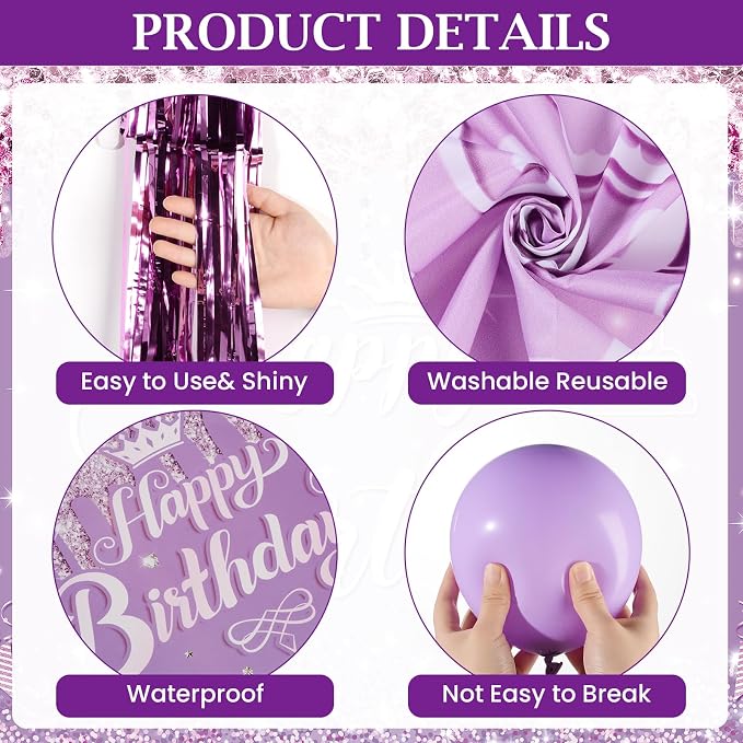 116 Pcs Purple Silver Birthday Decorations for Women Girls, Happy Birthday Banner Foil Balloons Plates Cups Napkins Tablecloth Purple Party Set Fringe Curtains Disposable Tableware Serve 20 Supplies