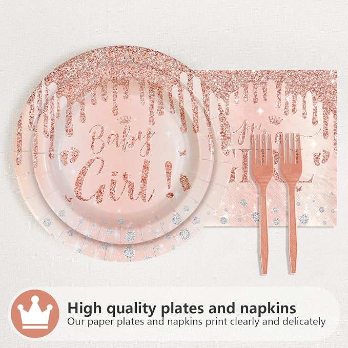 96Pcs It's a Girl Baby Shower Decorations Diamond Rose Gold Plates and Napkins Pink Girl Theme Disposable Paper Tableware Set for Girls Gender Reveal Baby Shower Birthday Party Supplies Serves 24