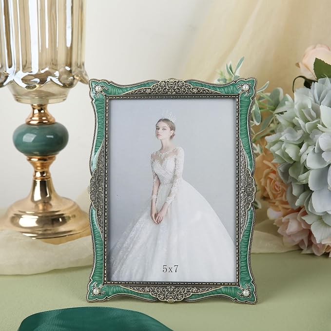 5x7 Vintage Picture Frame Green Metal Emerald Antique Brass Pearl Photo Frame Retro Home Decor, Clear Glass Front, Unique Gifts for Women Wedding Mothers Day, Horizontally & Vertically