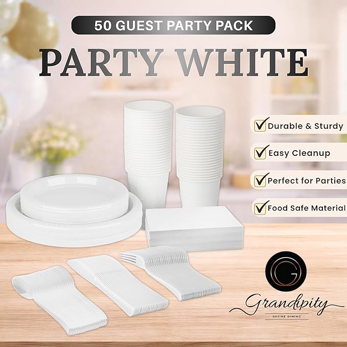 350 Piece WHITE Disposable Dinnerware Set 50 Guests, Plastic Party Plates And Cups And Napkins Sets - 50 Count 9" Dinner Plates, 7" Dessert Plates, 12oz Cups, Paper Napkins, Forks, Knives & Spoons