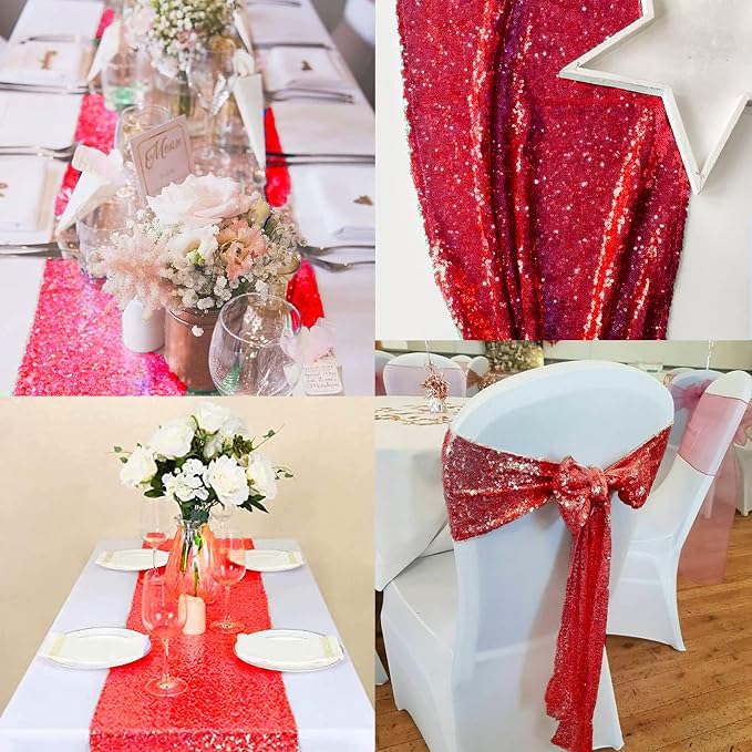 12 Packs 12 X 72 Inch Red Sequin Table Runner Glitter Dining Table Runner for Birthday Wedding Engagement Bridal Baby Shower Bachelorette Holiday Celebration Party Supplies Decorations (Red)