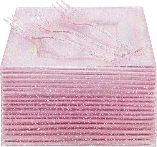 DaYammi 100Pcs Pink Dessert Plates with Forks Including 50Pcs Appetizer Plates,50Pcs Plastic Forks,Glitter Square Plate pink Disposable plates for Wedding,Plastic Cake Plate for Mother's Day Party