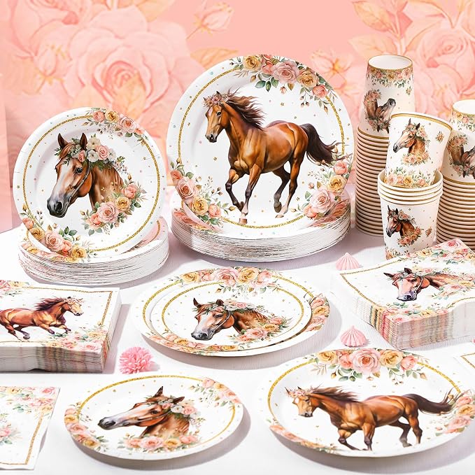 Pickmesh 250 Pcs Horse Birthday Party Decorations Pink Floral Cowgirl Disposable Tableware Set Cowboy Paper Plates Napkins Cups for Western Wedding Bachelorette Fairy Baby Bridal Shower Party Serve 50