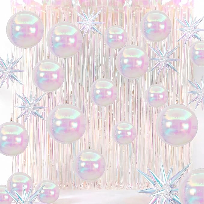 Seenelling 24 Pcs Iridescent Party Decoration Set 22'' 4D Star Ball Balloons White Shiny Metallic Tinsel Foil Fringe Curtain Backdrop for Mermaid Wedding Engagement Princess Bachelorette Unicorn Party