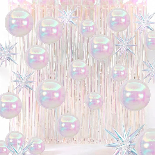 Seenelling 24 Pcs Mermaid Party Decoration Sets 22'' 4d Star Pearl Balloons Iridescent Metallic Tinsel Foil Fringe Curtains for Princess Wedding Engagement Bride to Be Bachelorette Unicorn Party