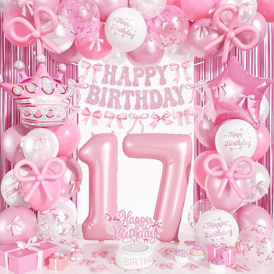 17th Pink Bow Birthday Decorations for Girls, Coquette Party Decor Include 40 Inch Foil Number 17 Crown Star Balloon Long Latex Balloon Light Pink Bows Cake Topper Happy Birthday Banner Fringe Curtain