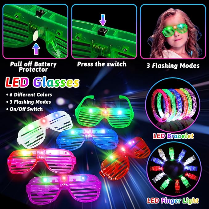 156Pcs Glow In The Dark Party Supplies for Kids/Adults, 4th of July Light Up Accessories LED Bracelet Necklaces Glasses Headband Glow Sticks Bulk Party Pack Neon Disco Birthday Pool Party Decorations