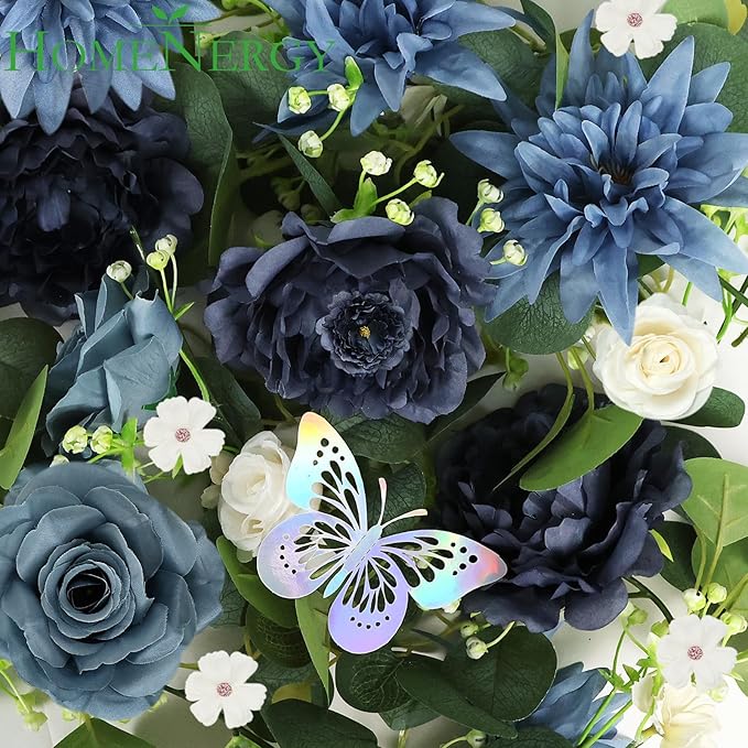 Eucalyptus Garland with Flowers - 4 Pack 5.9 FT Fake Flower Garland with Butterflies Faux Rose Greenery Garlands for Wedding Table Backdrop Arch Centerpieces Decorations - Navy Blue
