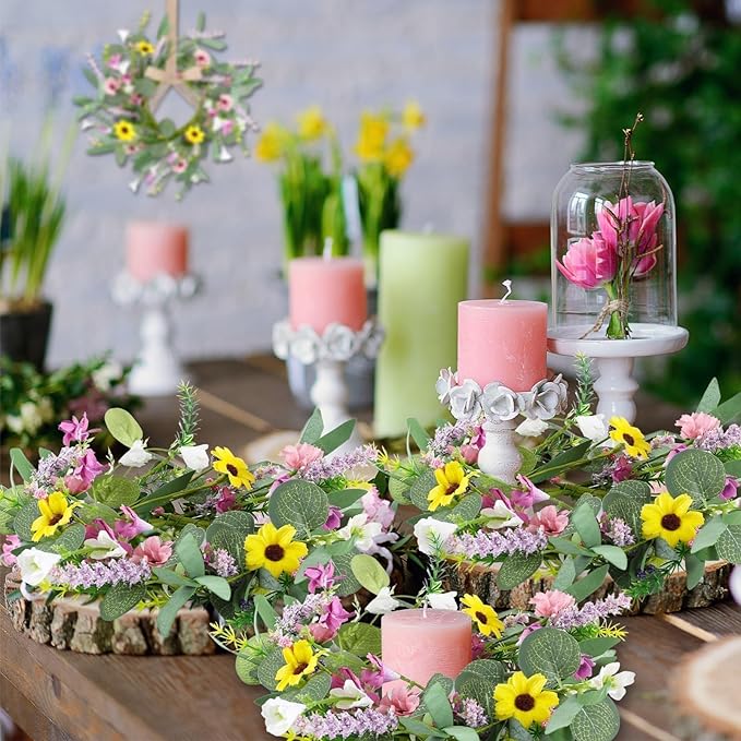 6 Pcs 9" Small Spring Wreath for Kitchen Cabinet Floral Wedding Candle Rings Wreaths Spring Summer Wildflower Wreath with Ribbon for Pillars Front Door Porch Wall Window Farmhouse Party Home Decor