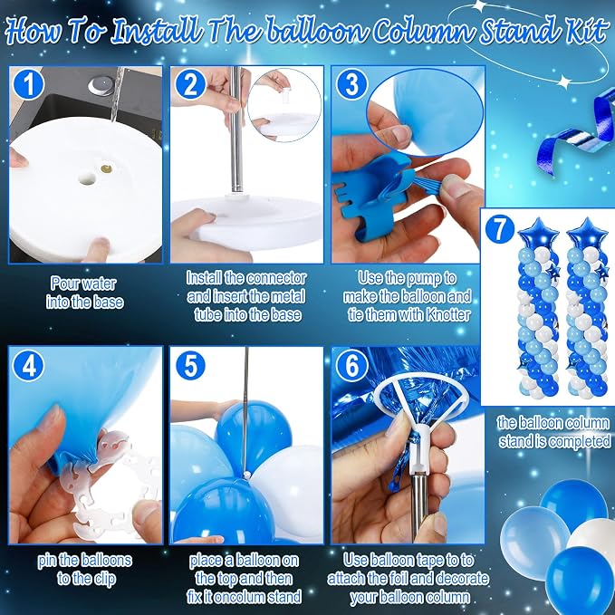 Gejoy 110 Pcs Blue White Balloons Column Stand Kit Adjustable Tower Stand from 1.4 to 6.6 ft with Bases for Back to School Wedding Birthday Baby Shower Party