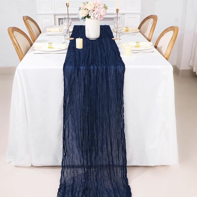 Snowkingdom 10 Ft Navy Blue Cheesecloth Table Runner, 120 inch Long Cheese Cloth Boho Gauze Runner for Christmas Wedding Bridal Baby Shower Birthday Holiday Party Sheer Table Decorations