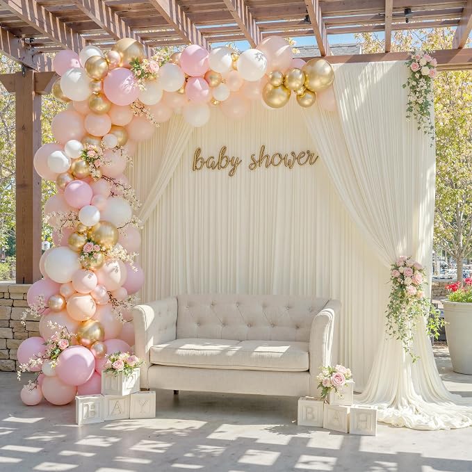 60ft x 10ft Wrinkle Free Ivory Backdrop Curtain for Parties, 12 Panels 5x10ft Silky Polyester Ivory Wedding Backdrop Drapes Photo Back Drop Cloth for Birthday Baby Shower Photography Background