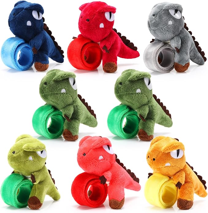 Lenwen 8 Pcs Dinosaur Stuffed Animals Slap Bracelets for Kids 8.66 Inch Back to School Plush Animal Bracelets Wrist Slap Snap Band Toy Adopt a Dinosaur Party Favors for Boys Girls Birthday Gifts