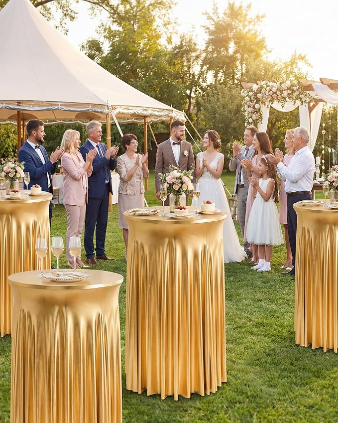 Cocktail Table Tablecloth with Skirts - 32x43 Inch Wavy Spandex High Top Cocktail Table Covers, Ruffle Drape Highboy Tablecloth Reusable for Party Wedding Cake Standing Table, Stamping Gold, 6 Pack