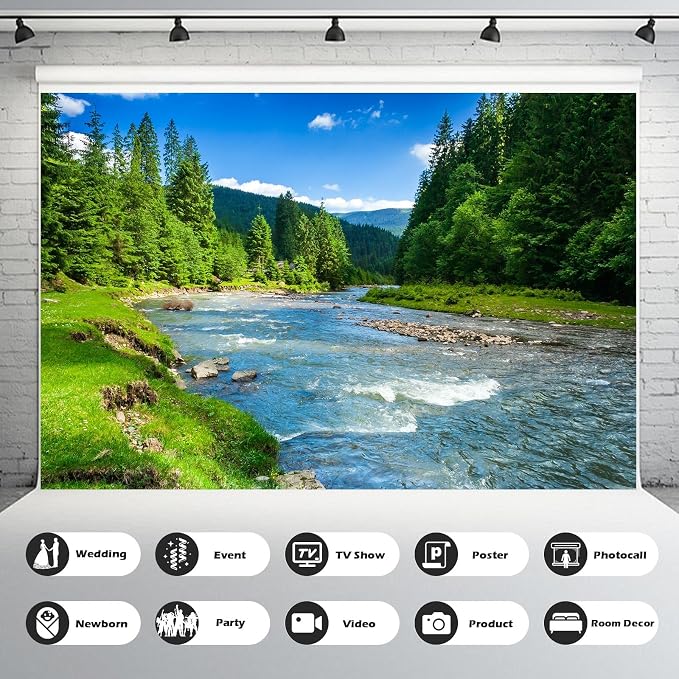 River Stream Backdrop Mountain Forest Pine Trees Natural Landscape Photography Background Clouds Blue Sky Outdoor Games Theme Party Background Decorations Jungle Trees Backgrounds Props 12x8ft