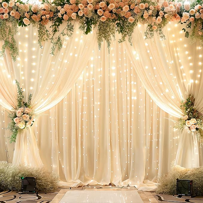 10x10ft Champagne Backdrop Curtains with Lights Photo Drapes Wrinkle Free Fabric Backdrop Curtain for Wedding Birthday Party Baby Shower Shoot Bridal Shower Home Party Background Decorations
