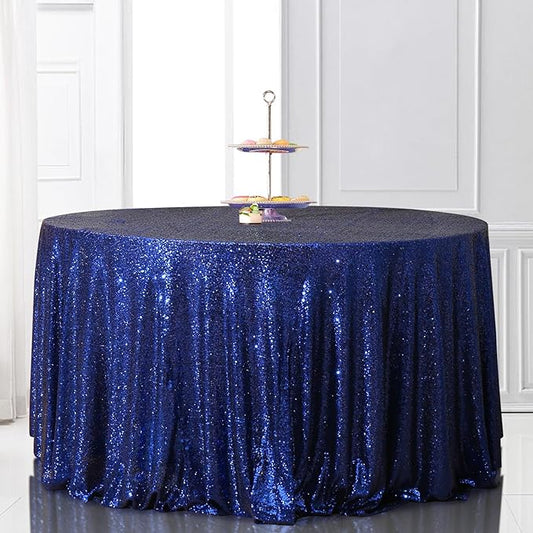 PartyDelight Navy Blue Sequin Tablecloth Round 120" Tablecovers