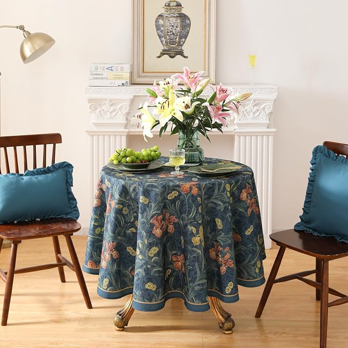 patdrea Vintage French Linen Tablecloth,Round,Diameter 67"-Herbert C | Elegant Table Cloth for Round Table,Navy Blue Floral Patterned,Dining Room Tea Party Thanksgiving Coffe Table