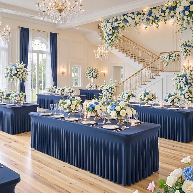 6 Pack 6ft Navy Blue Spandex Table Cloths for Rectangle Tables Wrinkle Free Rectangle Tablecloths, Stretch Fitted Table Cover with Skirt for Birthday Party Wedding Banquet Baby Shower Buffet Event