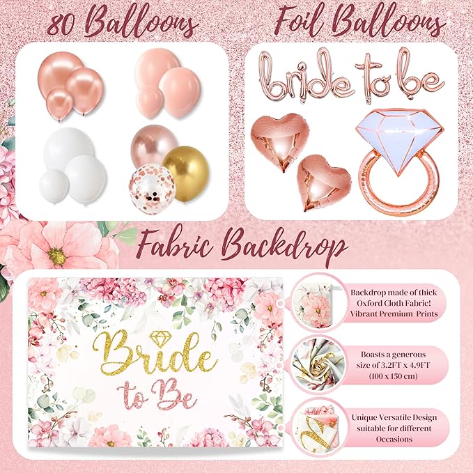 189 pc Premium Bridal Shower Party Decorations – Balloons, Bride to Be Sash, Veil, Headband, Backdrop, Props – Pink Bachelorette Party Decorations for Engagement, Rose Gold Bridal Shower Decorations