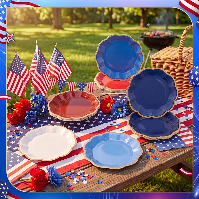 72 Pcs 4th of July Paper Plates 9 Inch Red White and Blue Scalloped Paper Disposable Dinner Dessert Plates for Memorial Day Veterans Independence Day Party Decorations