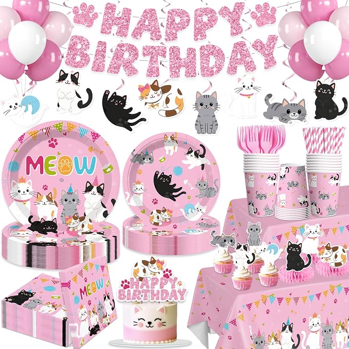 213pcs Cat Birthday Decorations, Complete Paper Tableware Set Includes 350gsm Plates 24 Cupcake Toppers and 2 Waterproof Tablecloths, Cat Themed Birthday Party Decorations for 25 People