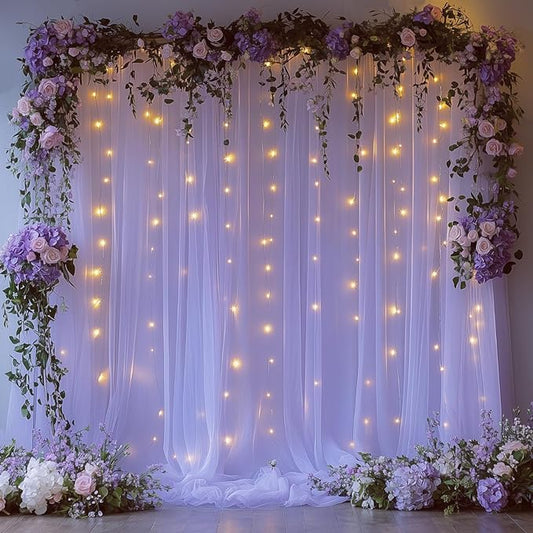 Lavender Tulle Backdrop Curtain with Lights - 10x8ft Sheer Backdrop with 250 LEDs for Wedding, Baby Shower, Bridal Shower, Birthday Party Photo Shoot Background and Home Decorations